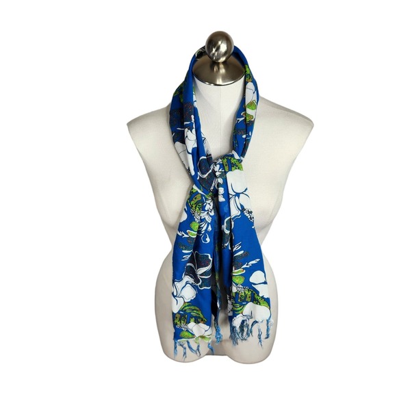 Hibiscus Collection Hawaii Scarf‎ Tropical Floral Blue Green White - Picture 1 of 9